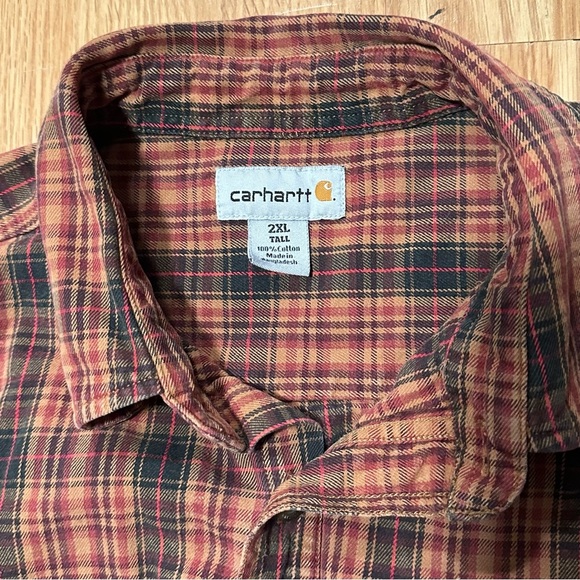 Carhartt 2XL Tall Long Sleeve Orange Red Plaid Button Up Flannel Cotton Shirt - Picture 2 of 8